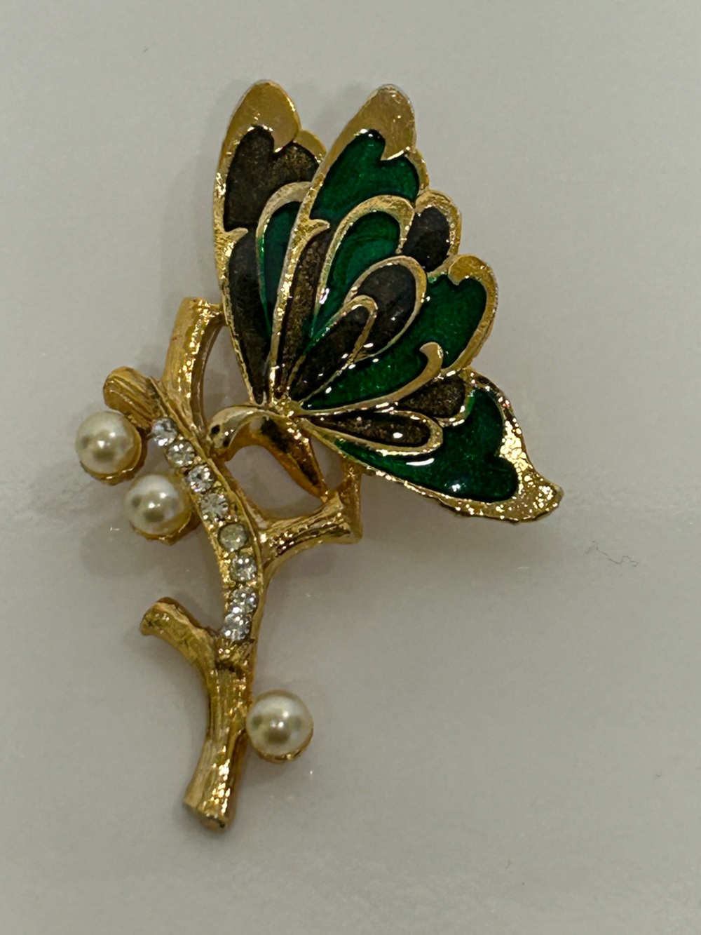 Vintage Enamel Butterfly Pearl Rhinestone Gold Tone Brooch